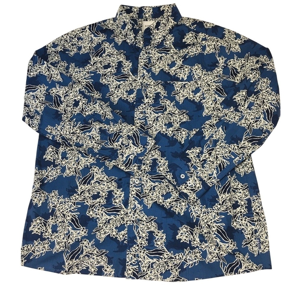 NEW Rowm Large Mens Long sleeve Button Down Shirt Blue White Floral Print Cotton